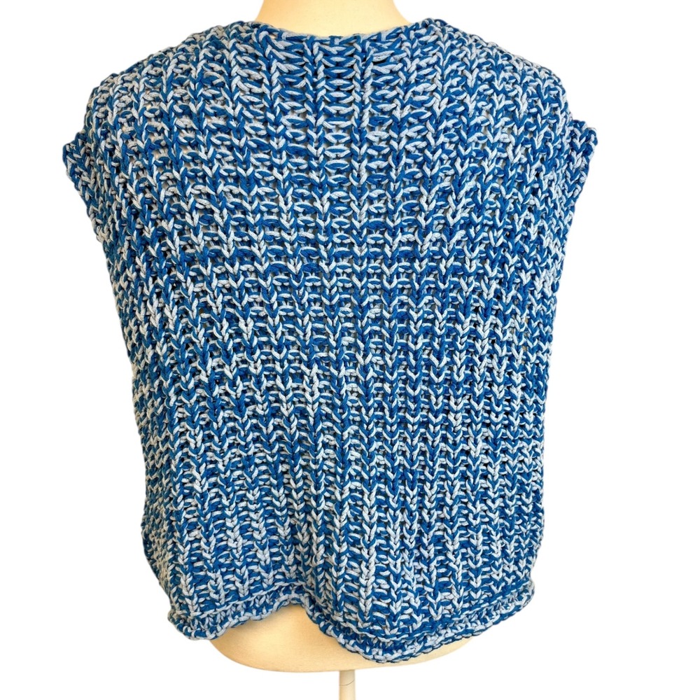 ZARA Blue White Chunky Knit Sweater Vest Cardigan Button Front Pockets Sz‎ L - Picture 7 of 12